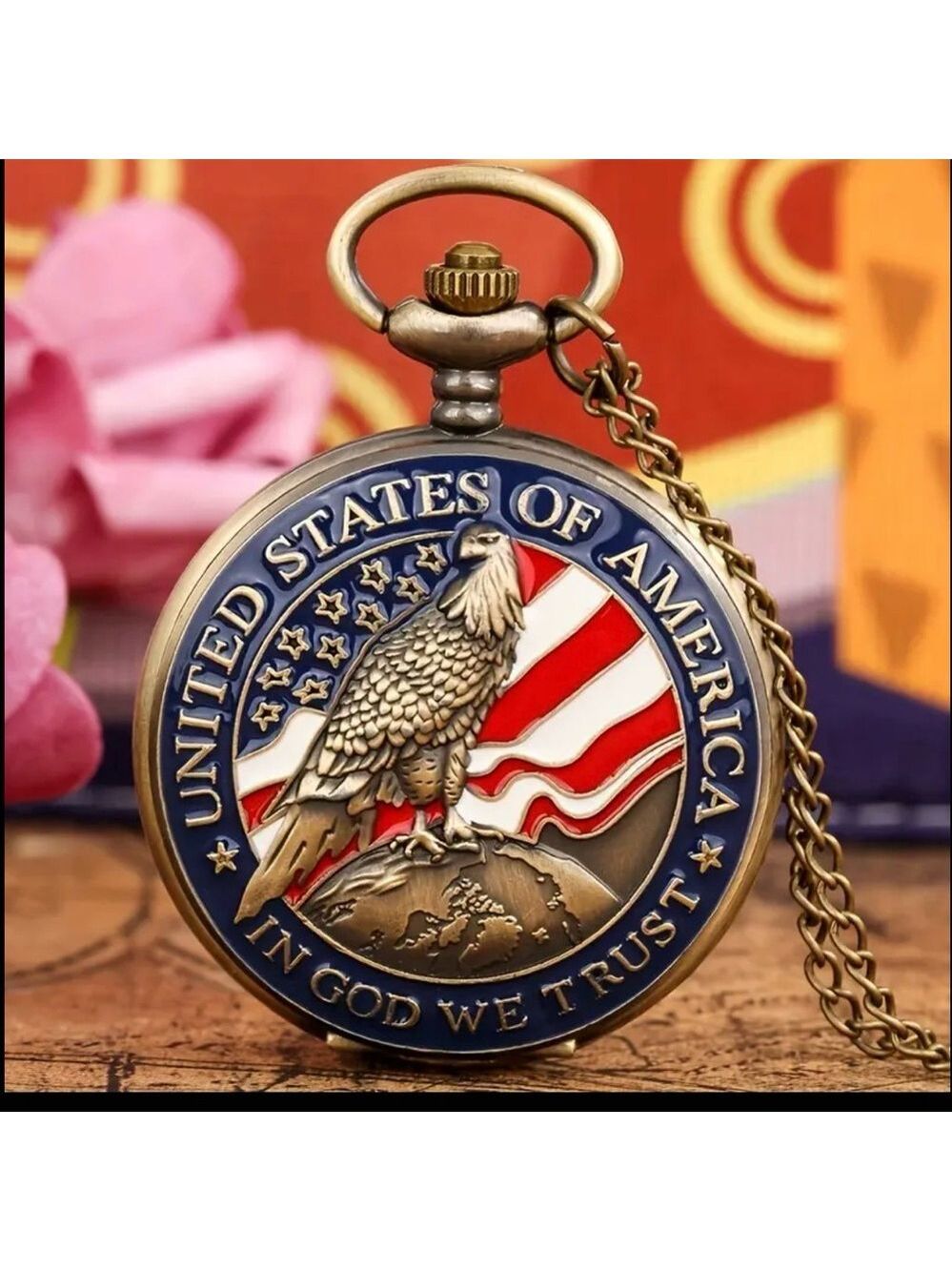 USA Patriotic Eagle Bronze Enamel Pocket Watch Timeless Style + American Pride